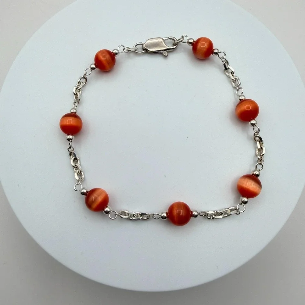 Vintage 90s Women's Silver Tone Chain Burnt Orange Bead Station Bracelet Jewelry